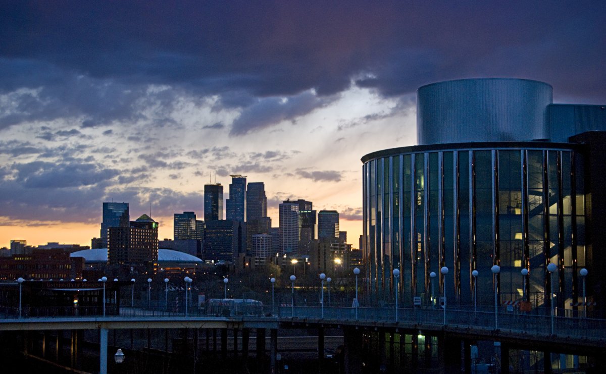 Minneapolis skyline at sunset, taken from the U of M East Bank