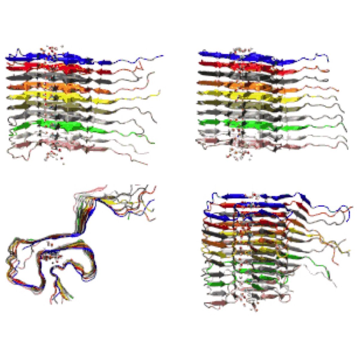 Computer-generated graphic of colored strips at the molecular level; conveys movement