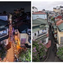 Side by side day and night photos of the old town of Hanoi, showing a narrow winding street from above