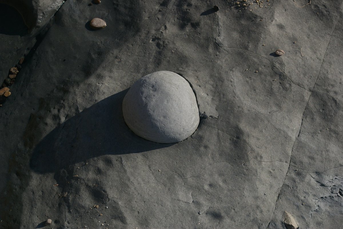 An example of a concretion (light gray rock) still contained within the original bedrock it formed in (dark gray rock).