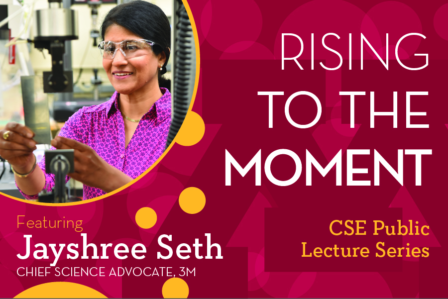Jayshree Seth wearing lab glasses in the CSE public lecture image.