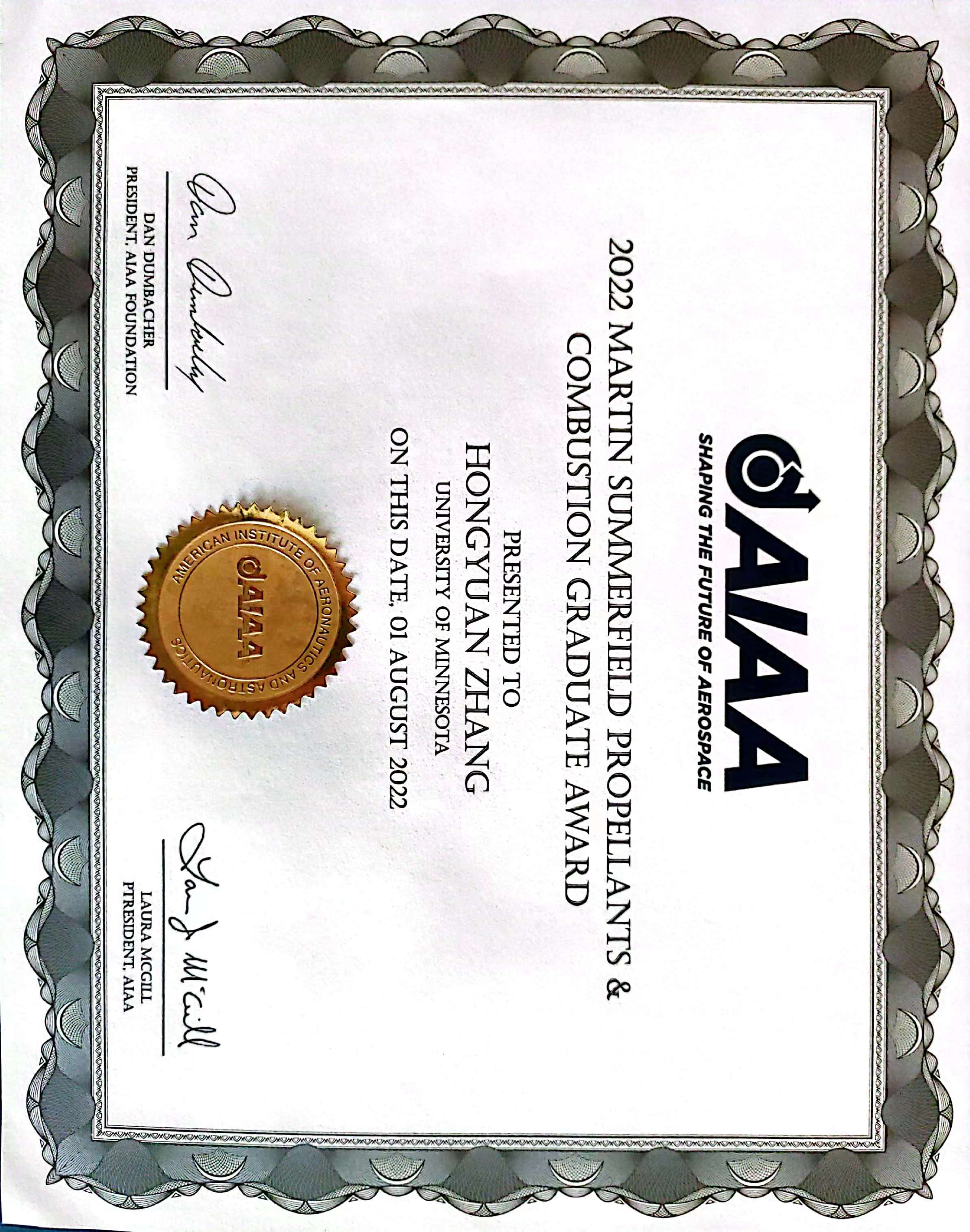 AIAA award certificate