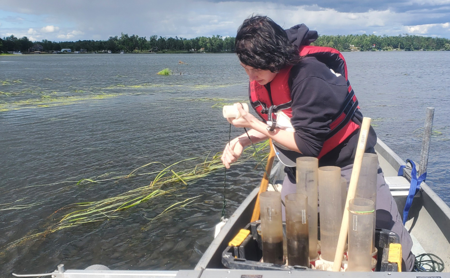 A researcher in a boat testing water in a wild rice lake