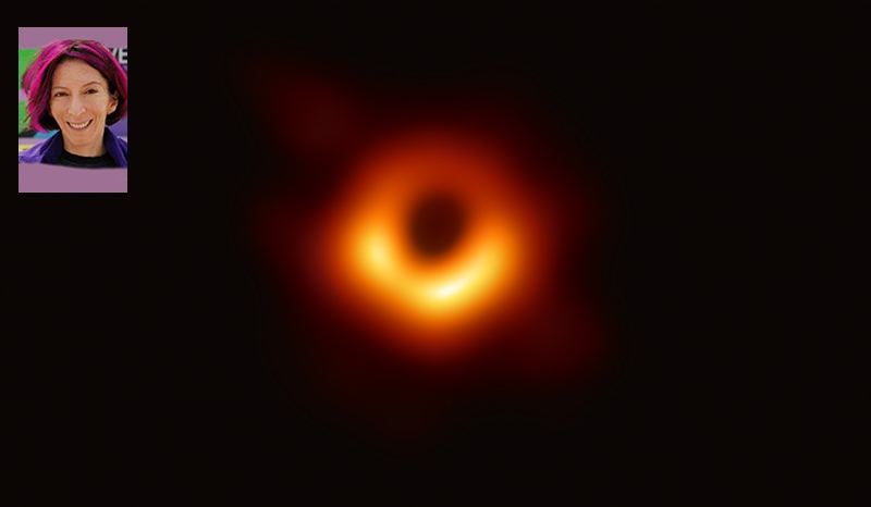 Inset image of Elena Caceres on a picture showing the space and a black hole