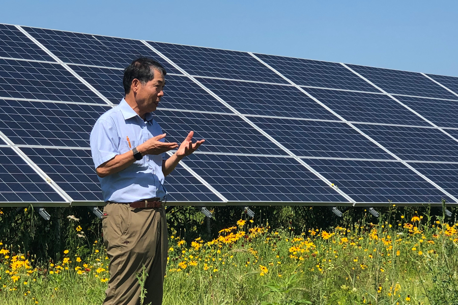 Dennis Kim standing in a field near solar panels
