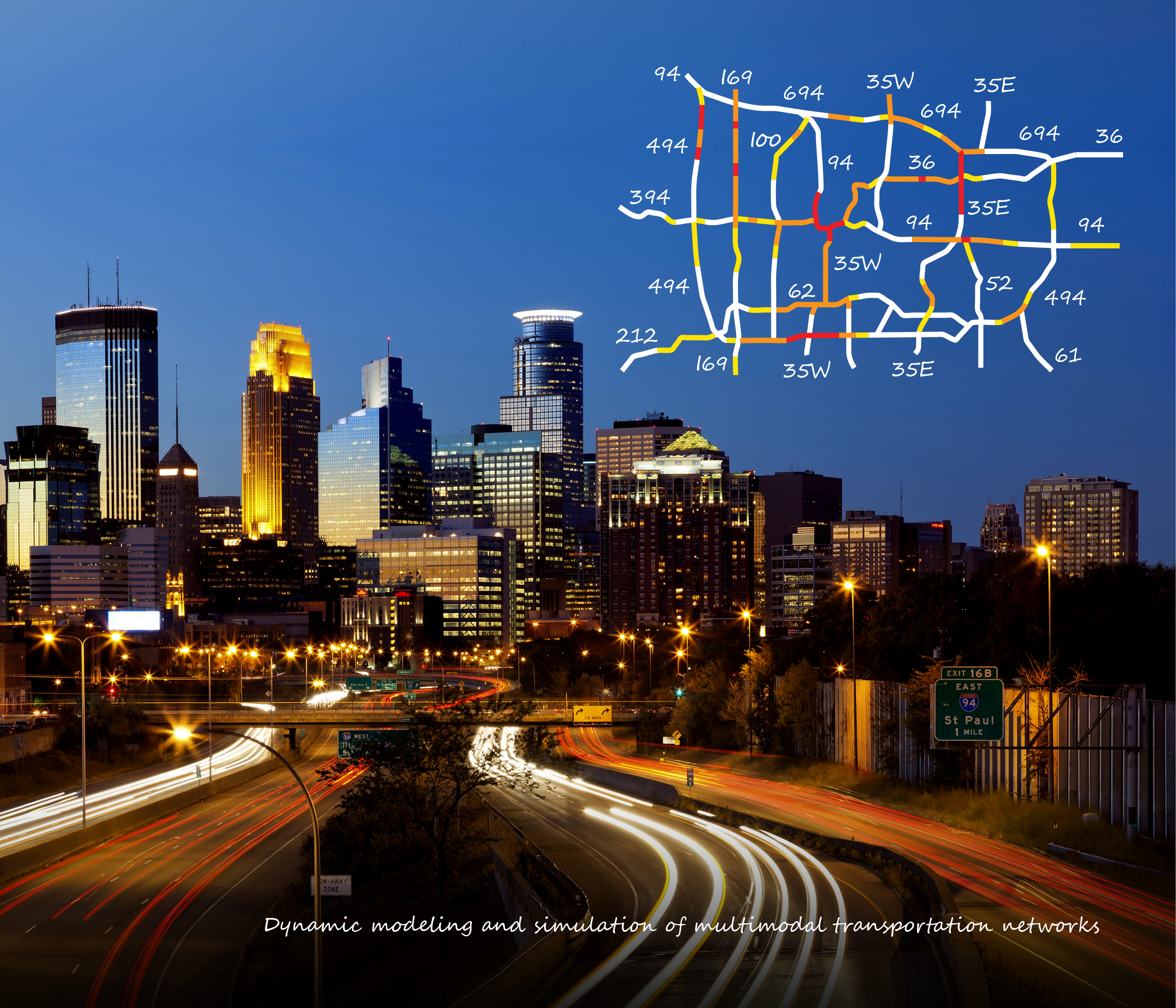 Minneapolis skyline with transportation network diagram