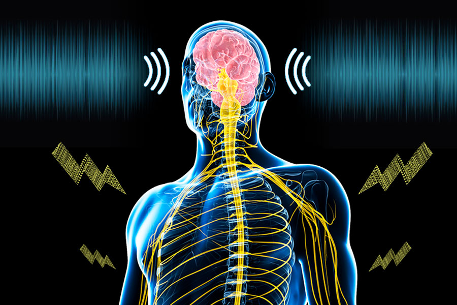 A human body with electrical and sound signals around it
