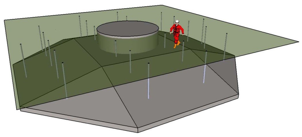 A 3D rendering of the spread footing foundation of the University of Minnesota Eolos wind turbine.