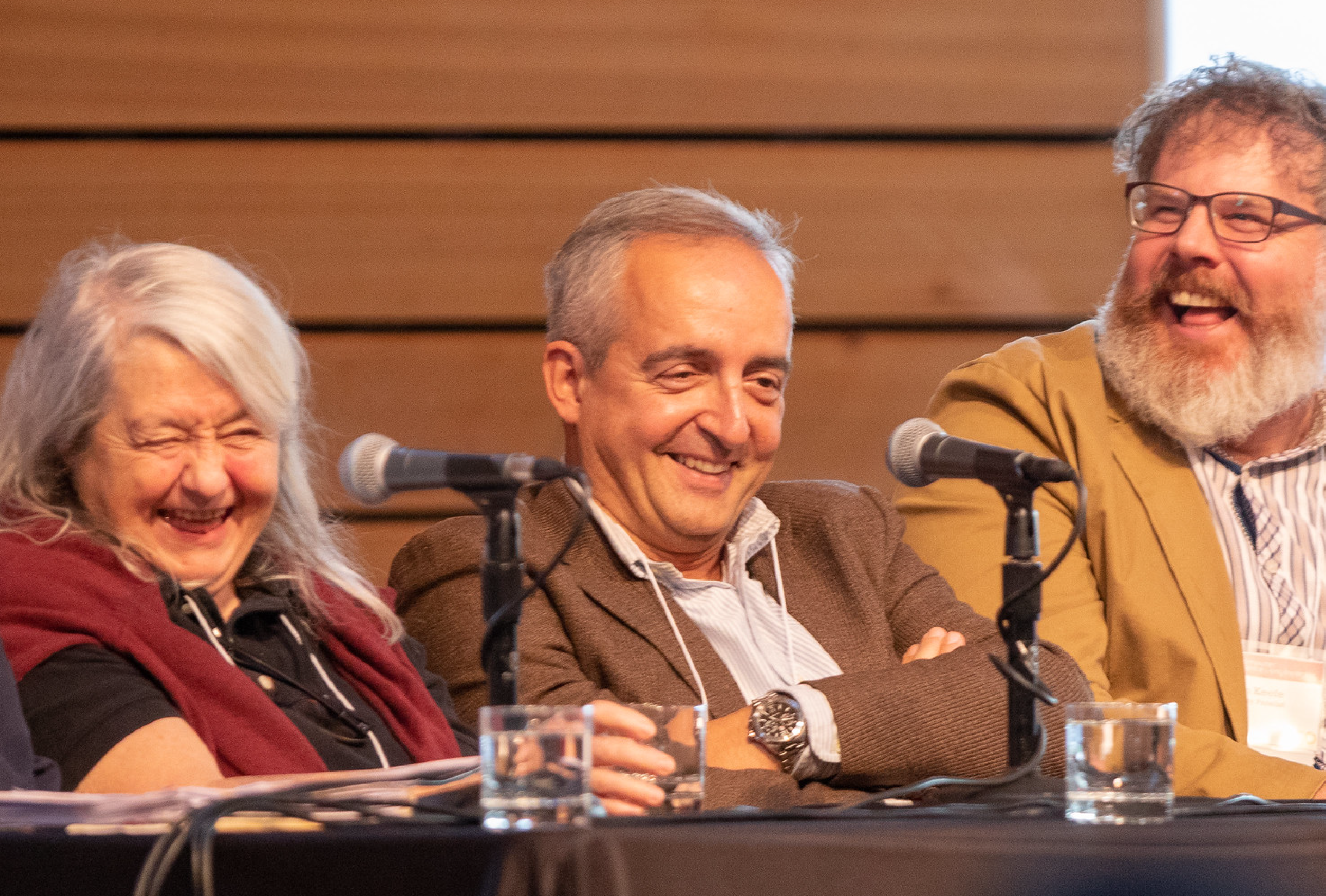 Maria Gini, Nikolaos Papanikolopoulos and Daniel F. Keefe laugh together