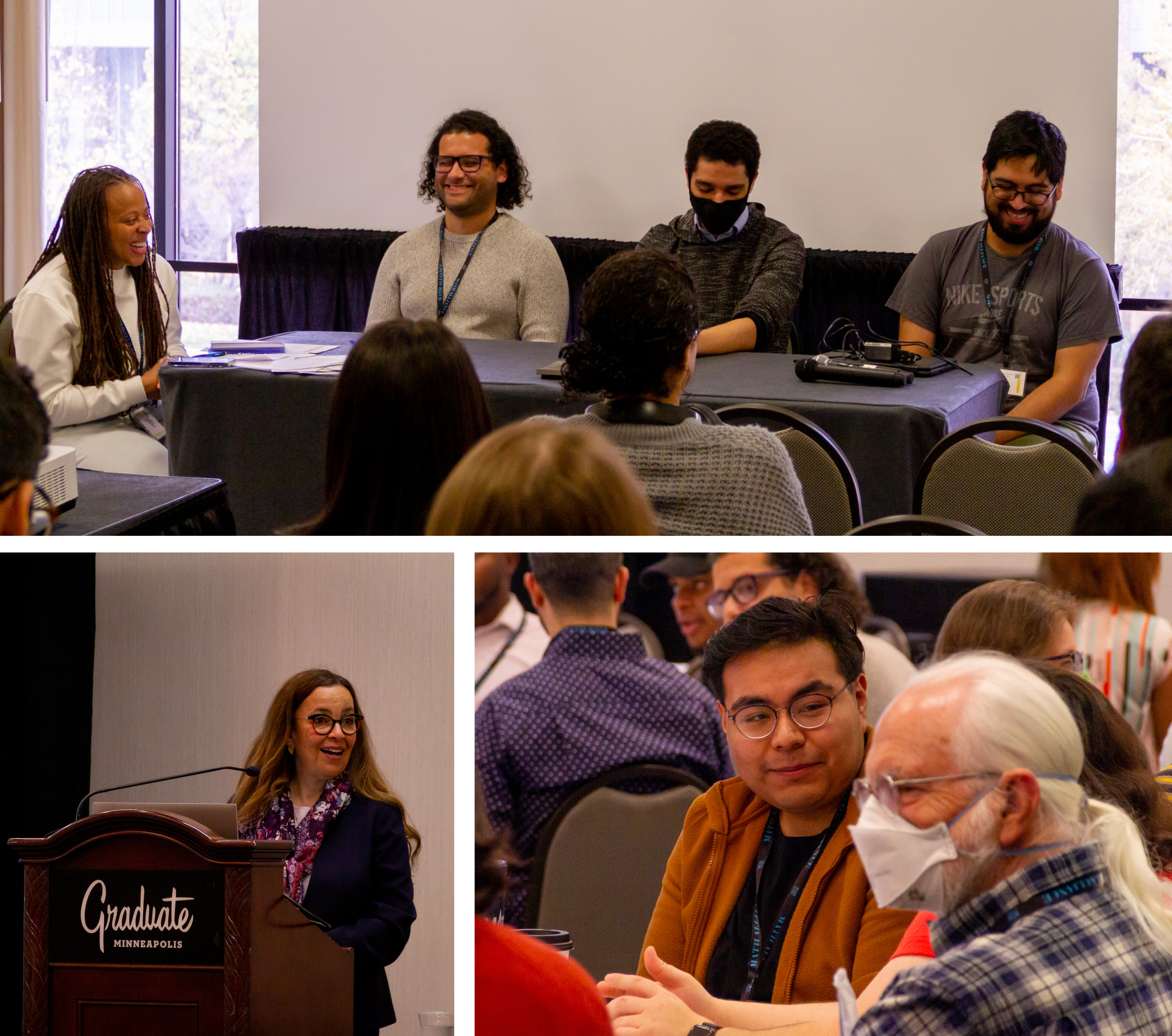 Photo collage of three candid images of people attending the Field of Dreams Mathematics conference.
