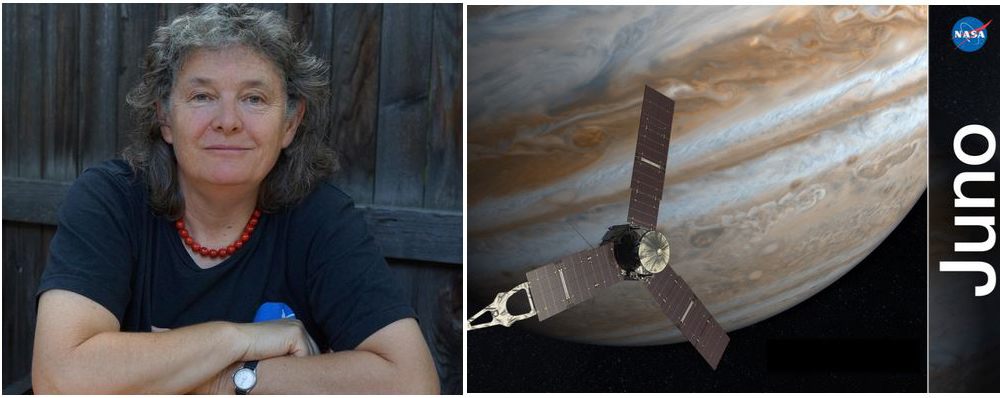 Woman smiling with arms folded and a picture of the JUNO spacecraft and Jupiter