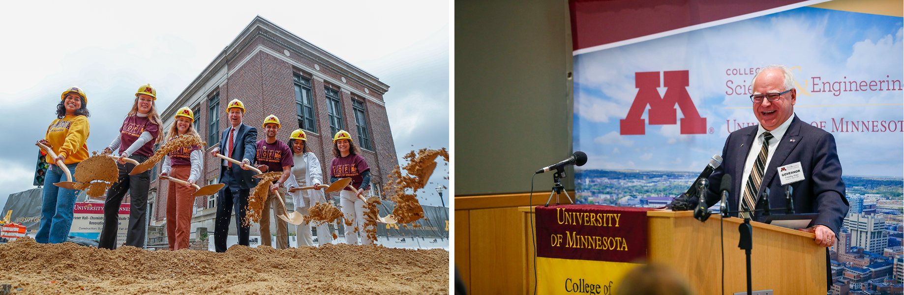 Two photographs from the Fraser hall renovation kickoff event
