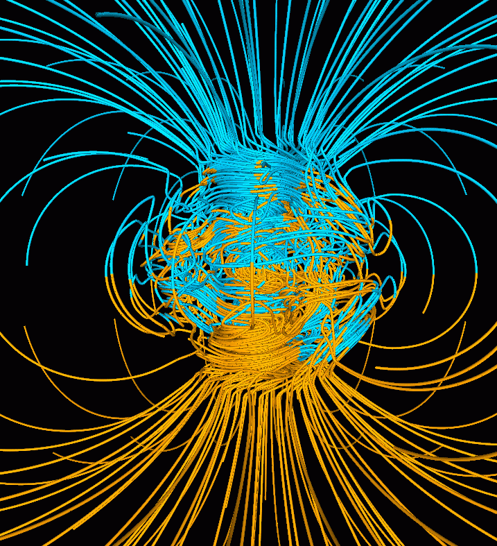 Computer simulation of the Earth's field in a period of normal polarity between reversals.