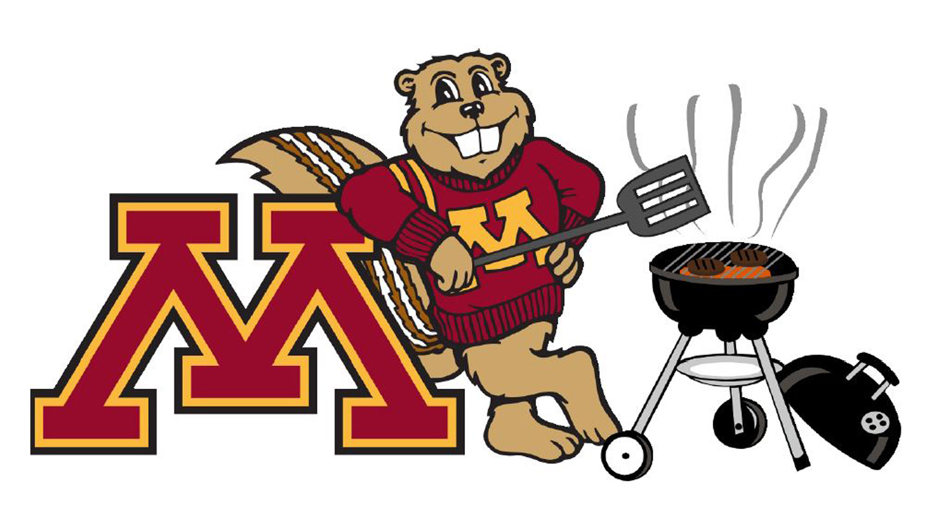 Goldy Gopher flipping burgers on a barbeque