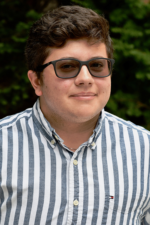 Person with short brown hair wearing sunglasses and a blue and white striped shirt