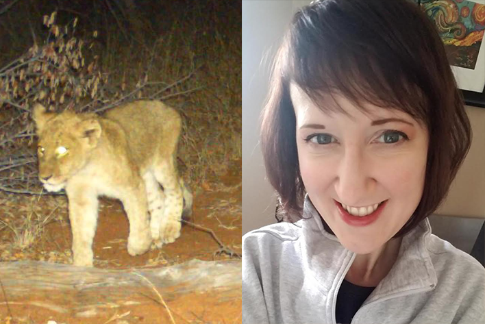 On the left a snapshot of a lion taken at night, on the  right a head and shoulders picture of Sarah Huebner