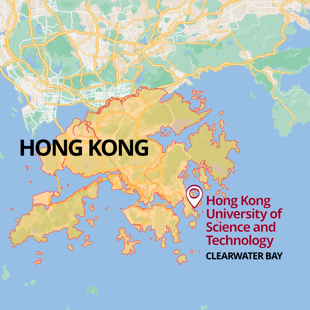 A map of China with the Hong Kong University of Science and Technology highlighted