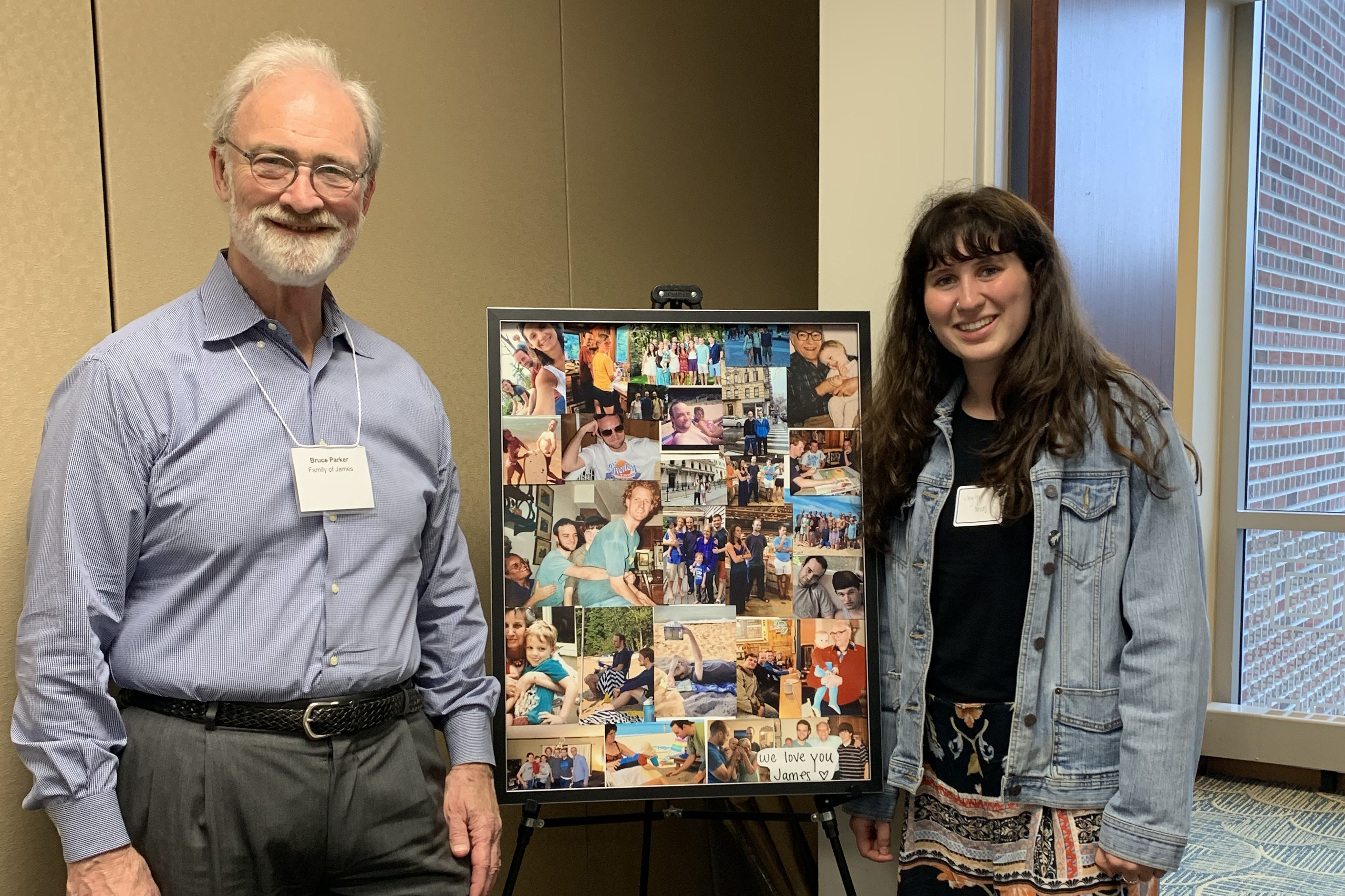 Bruce Parker and Jeylin Yavas pose with photo collage of James Parker