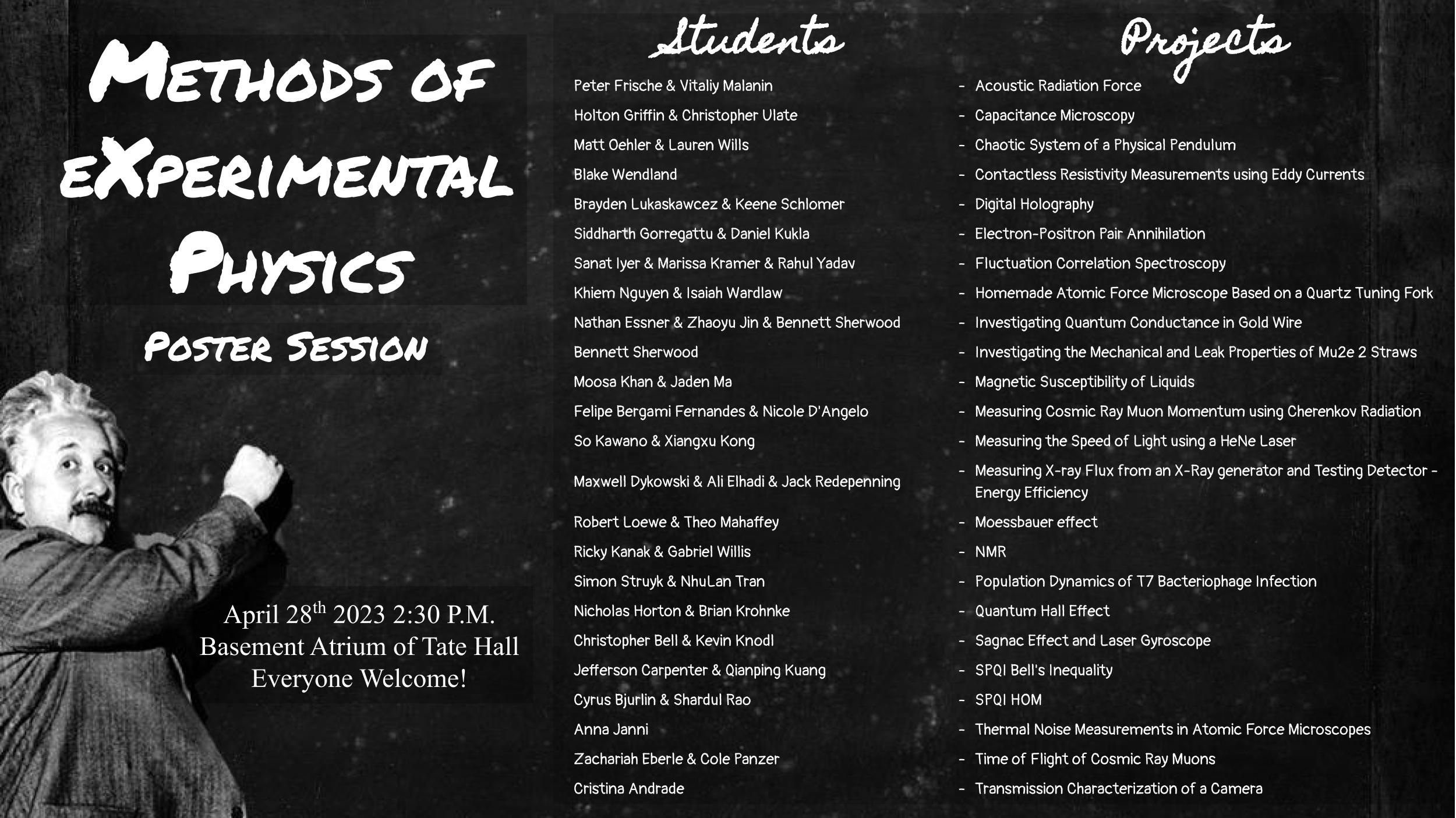 Image with names of students and their projects on a blackboard. 