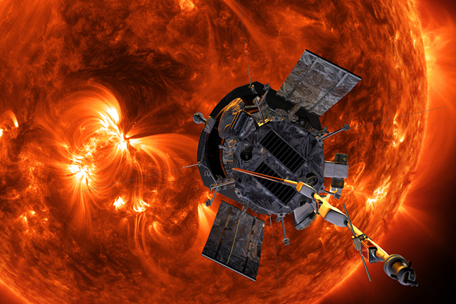 Illustration of Parker Solar Probe in front of the sun