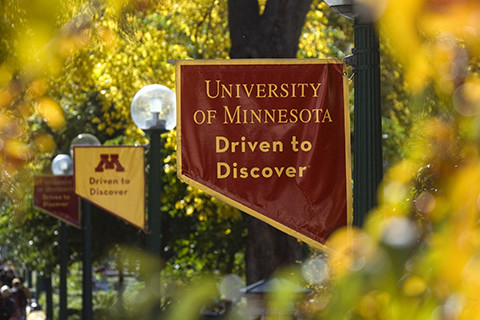 University of Minnesota banners on light poles in the fall