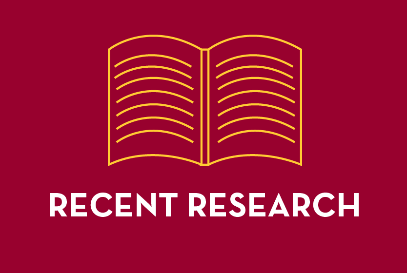 Book icon on maroon background saying "Recent Research"