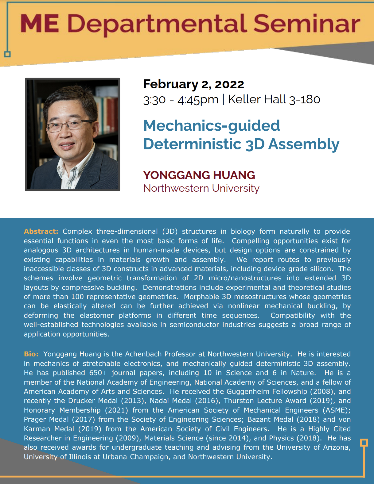 Departmental Seminar flyer for Yonggang Huang