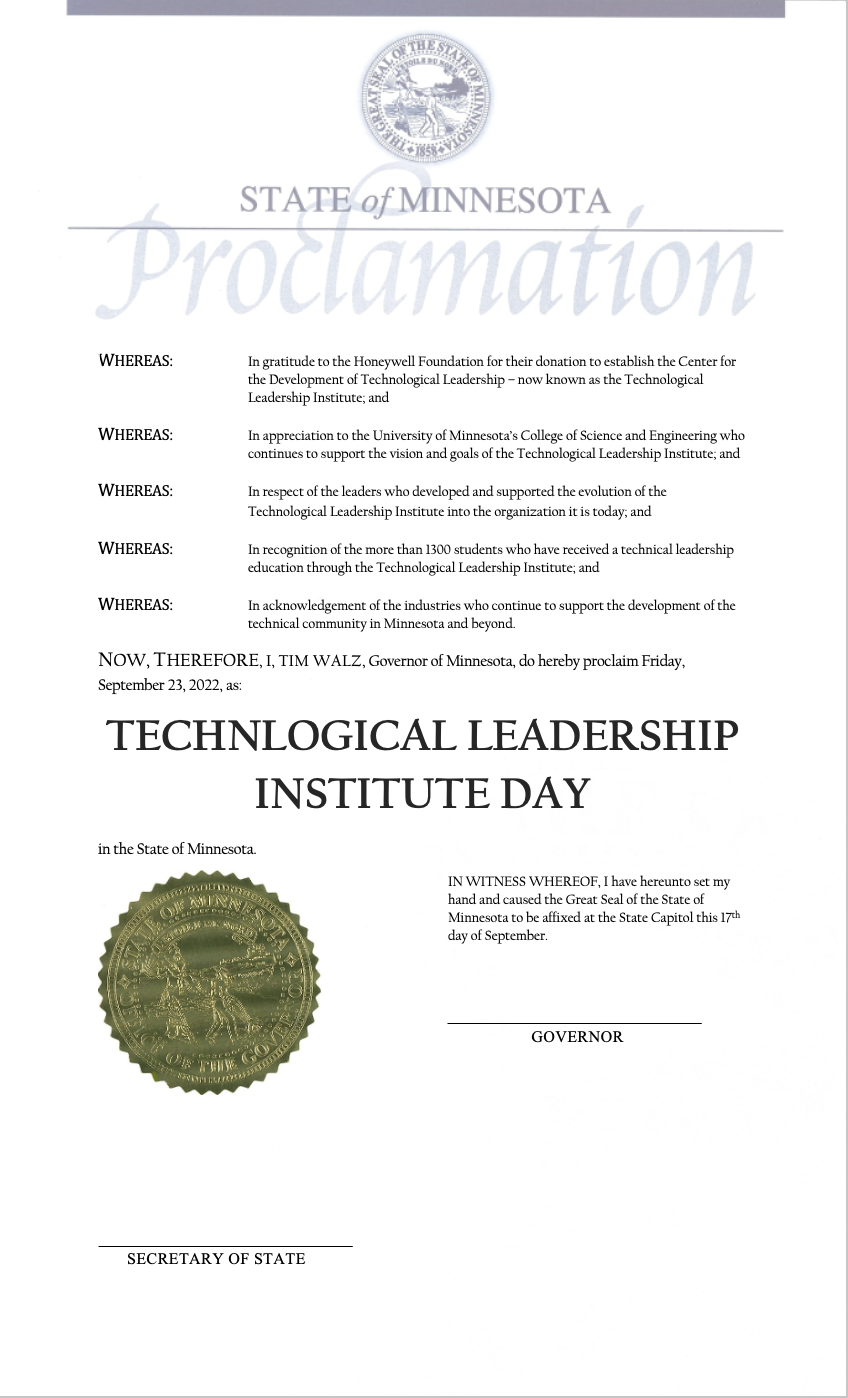 An official proclamation declaring September 23, 2022 Technological Leadership Day in Minnesota