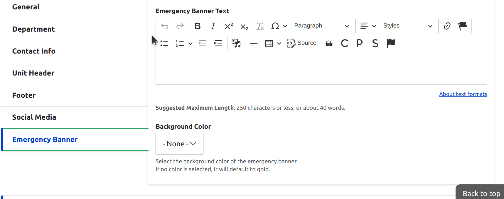 Editor interface for emergency banner