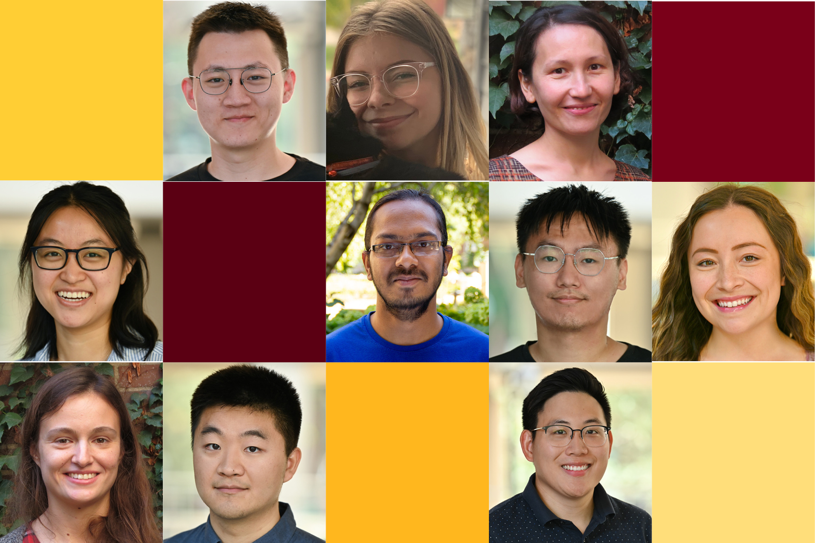 Headshot photographs of ten people with maroon and gold tile in between