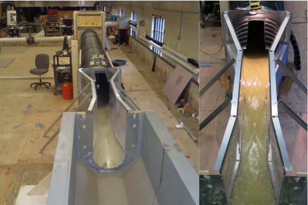 Photos of the U-flume Model test section, with and without flow