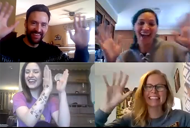 4 people waving on a Zoom meeting