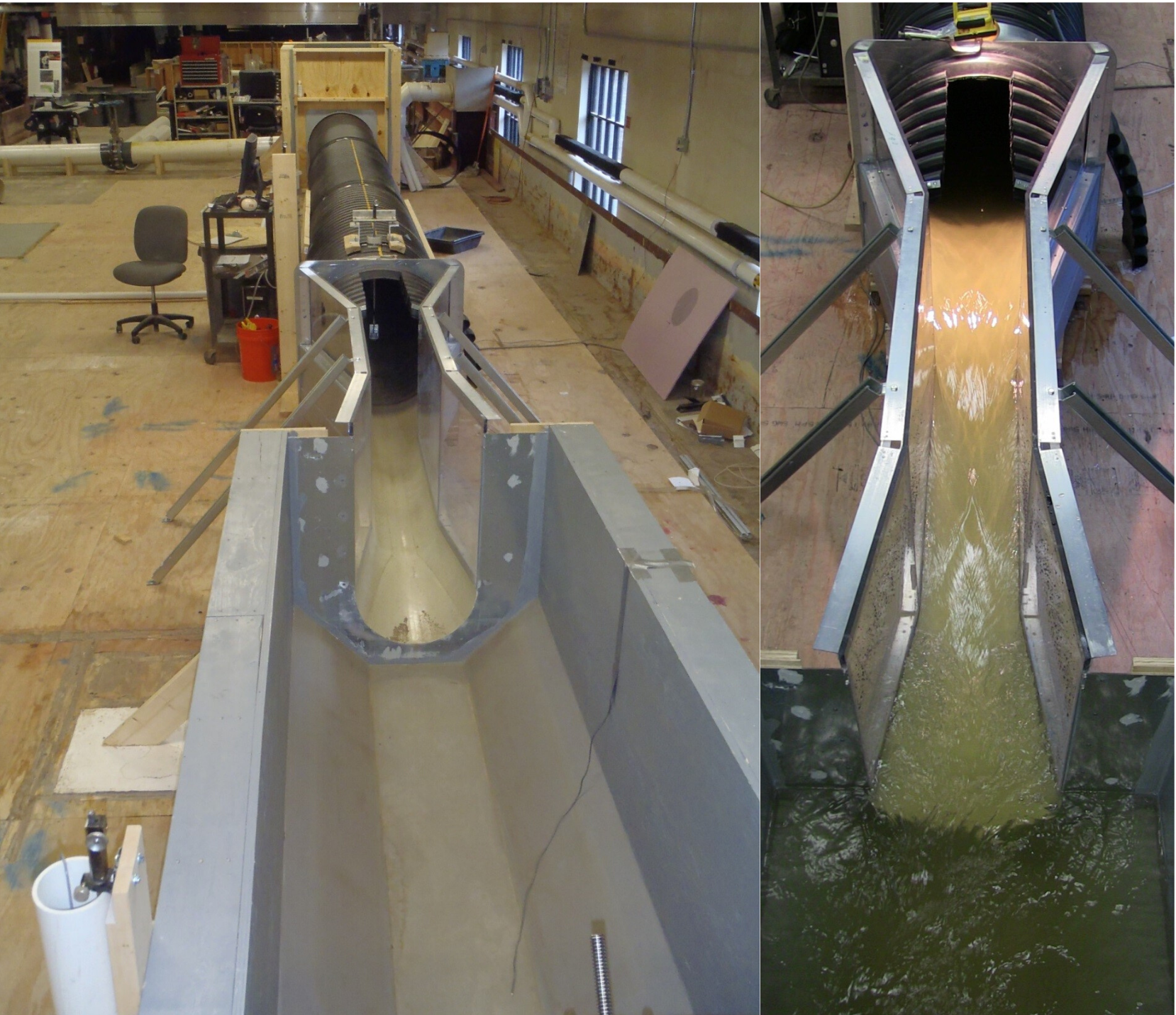 Photos of the U-flume model from above showing the shape of the test section 