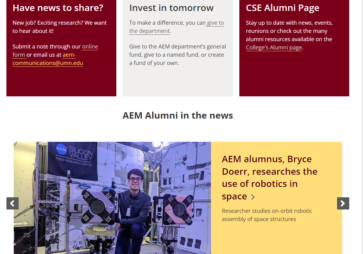 screenshot of aem alumni page 