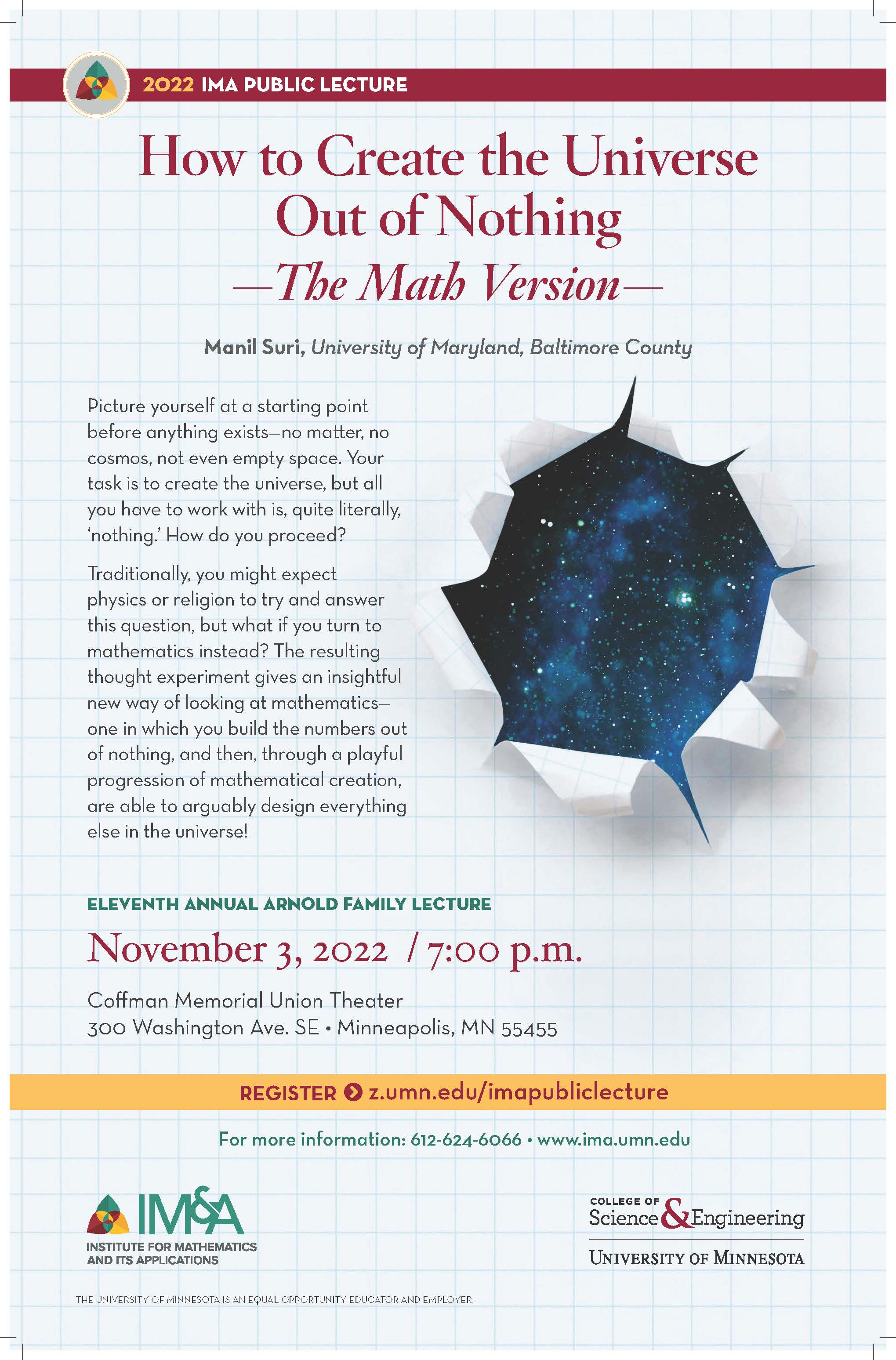 Poster about November 3 conference that says "How to create the universe out of nothing (Math version)" 