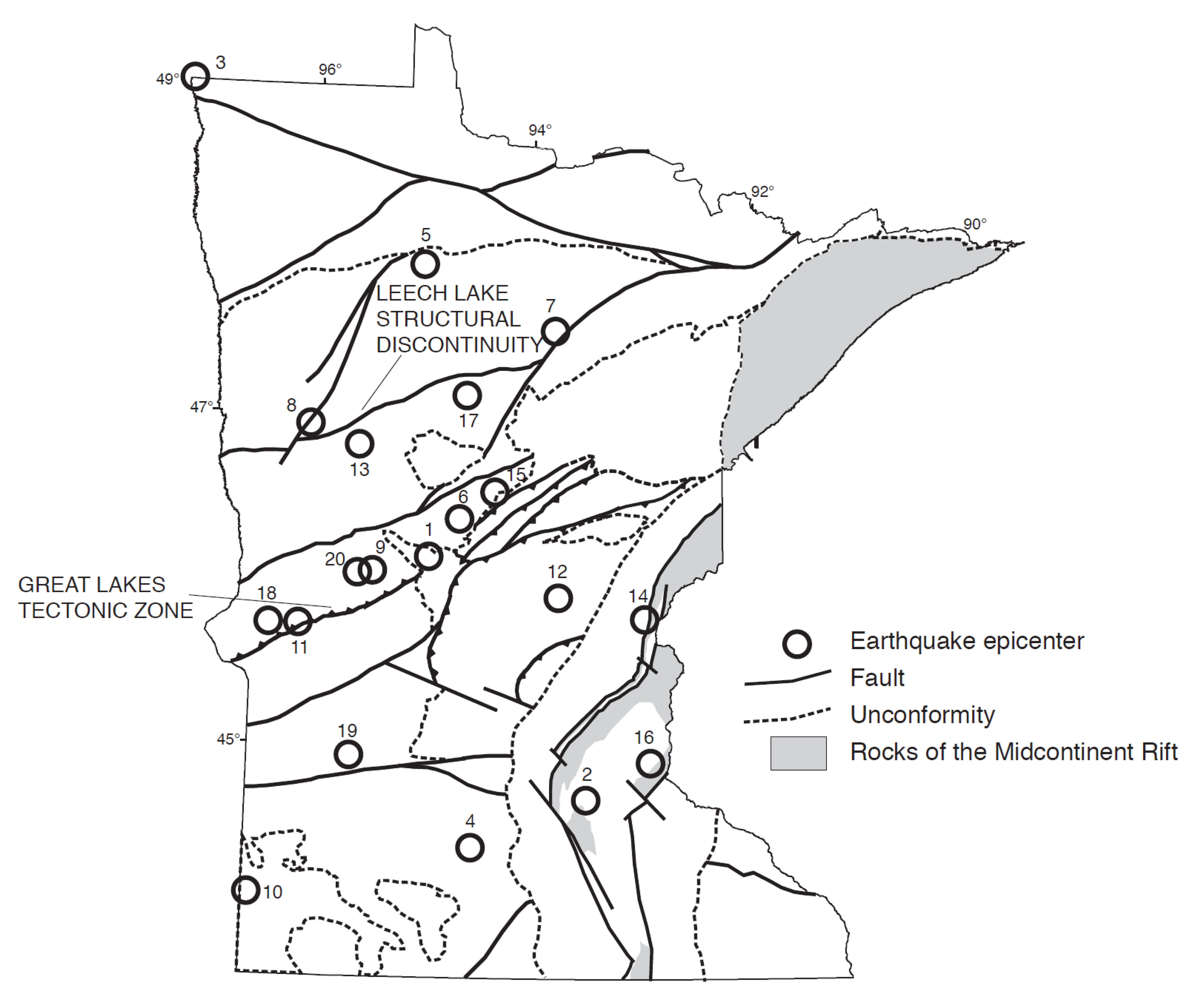 Epicenter locations of Minnesota earthquakes superimposed on a geologic map of Precambrian bedrock. The numbers correspond to Table 1.