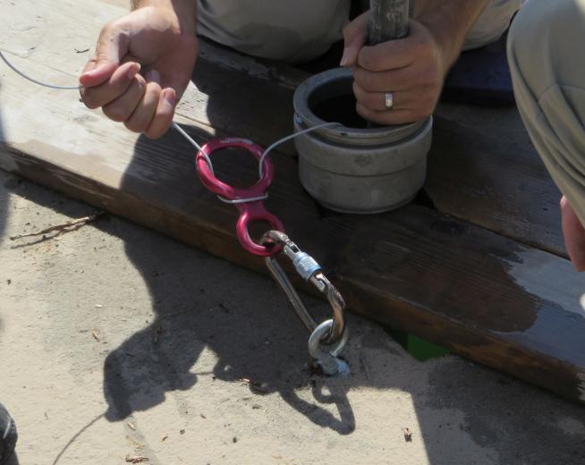 A climbing figure 8 being used to secure a cable