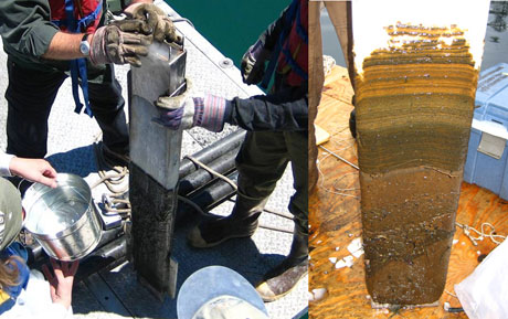 (Left) The freeze corer in action. (Right) A sample collected displaying the effectiveness of freeze coring.