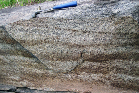 Layered gabbro of the troctolite series in the Duluth Complex of Minnesota.
