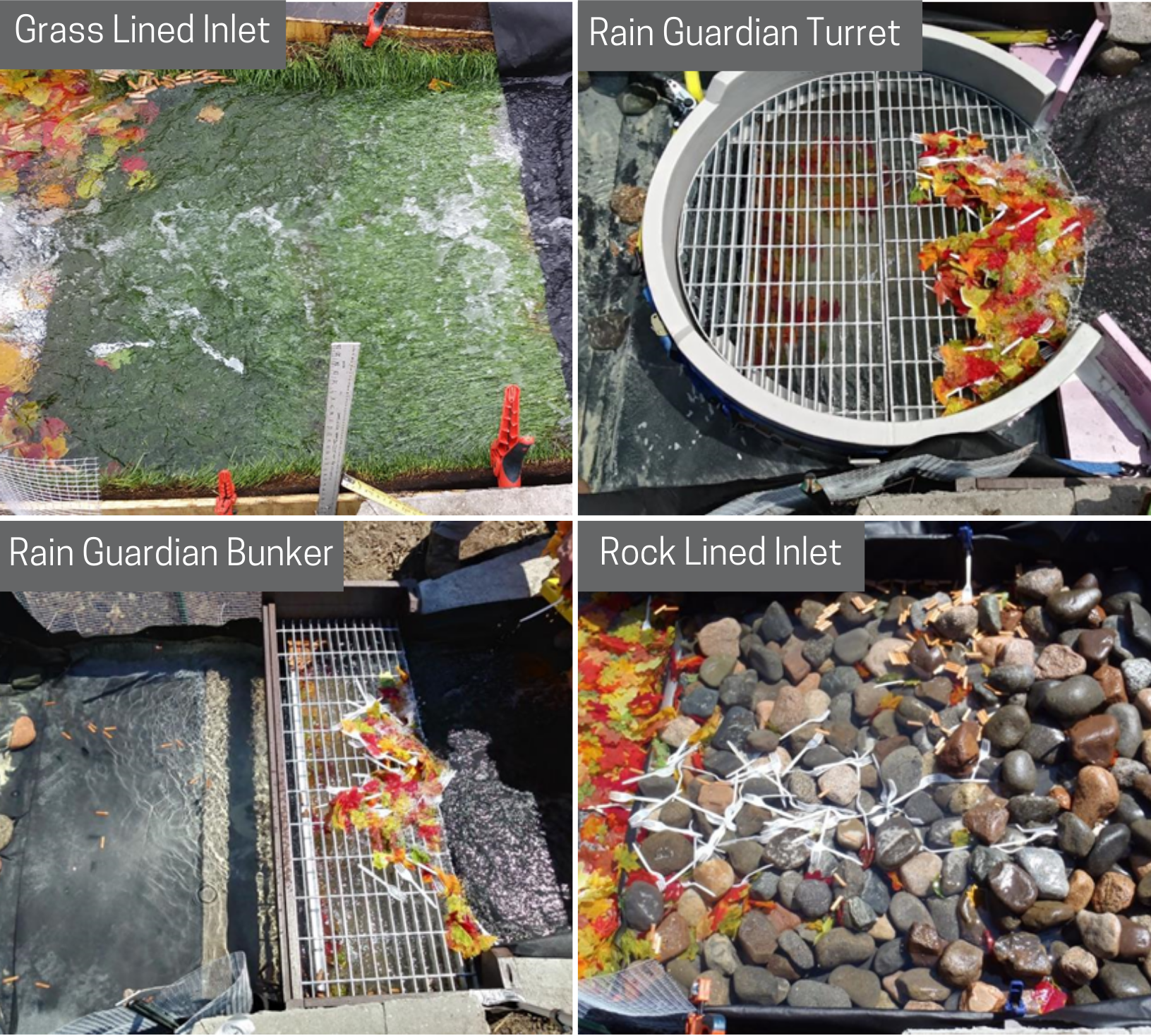 Four photos, each of a different pretreatment method:  a grass lined inlet, the Rain Guardian Turret, the Rain Guardian Bunker, and a rock lined inlet. Photos shows the pretreatment methods with captures gross solids, like fake leaves and forks. 