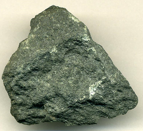 Hand sample of greenstone (metabasalt).