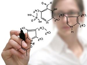 stock image of woman drawing chemistry molecule
