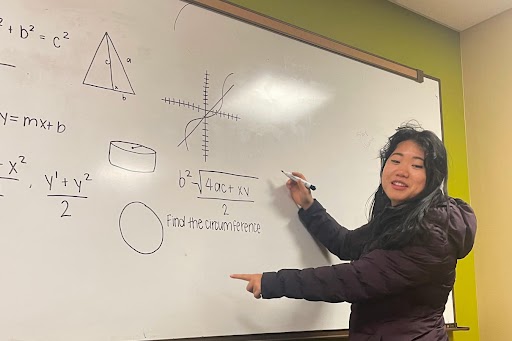 Jinglin Li teaches with a whiteboard.