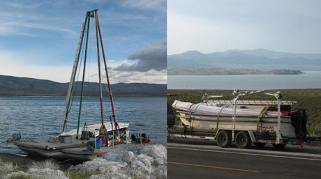 Two images of a boat in the water and on a trailer