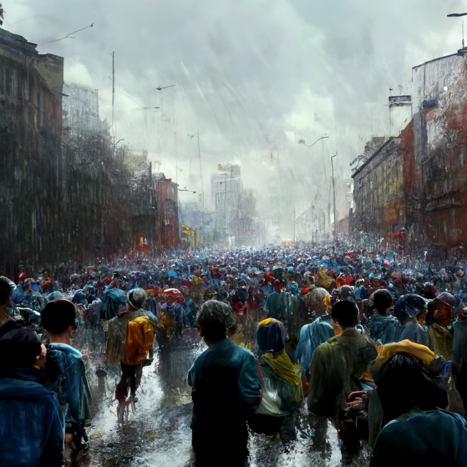 large_crowd_running_in_a_city_raining_dreary