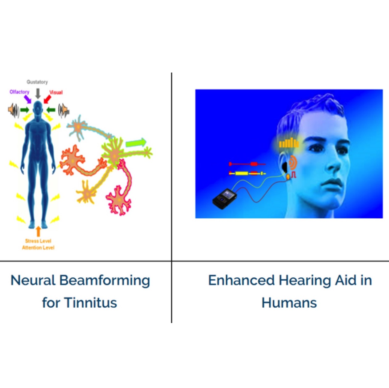 Graphical renderings of two technologies: 1) Neural beamforming for tinnitus (shows person with arrows indicating input of stress level, attention level, offactory, gustatory, visual, sound), and 2) Enhanced hearing aid in humans (shows rendering of a man's head with electronic device connected to his ear)