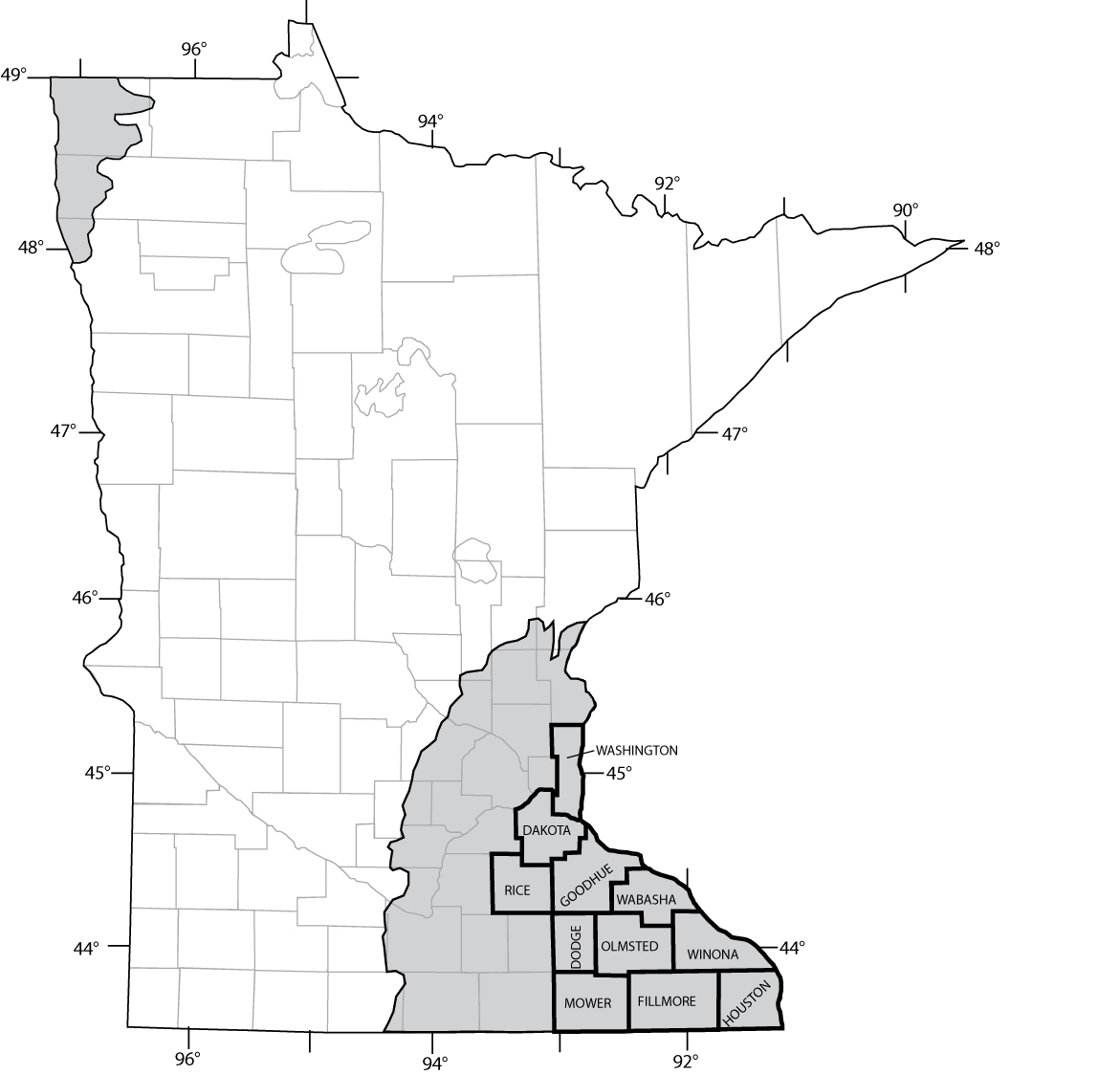 Extent of Paleozoic carbonate bedrock in Minnesota (shaded).