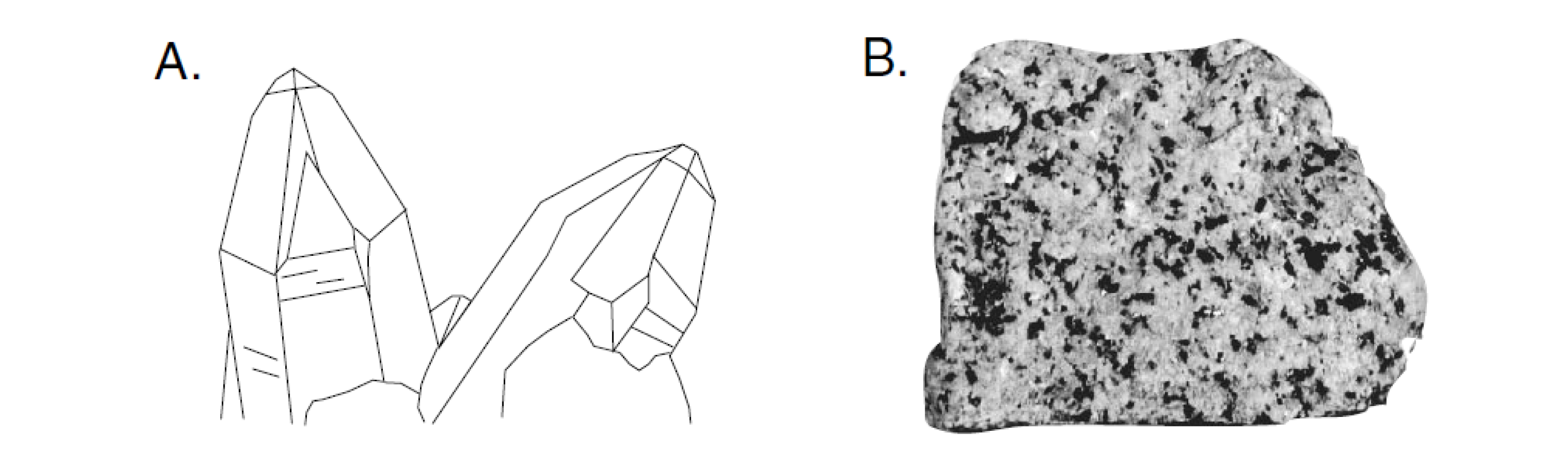 (A) Individual crystals with well-developed crystalform. (B) Rock made up of many mineral crystals combined.
