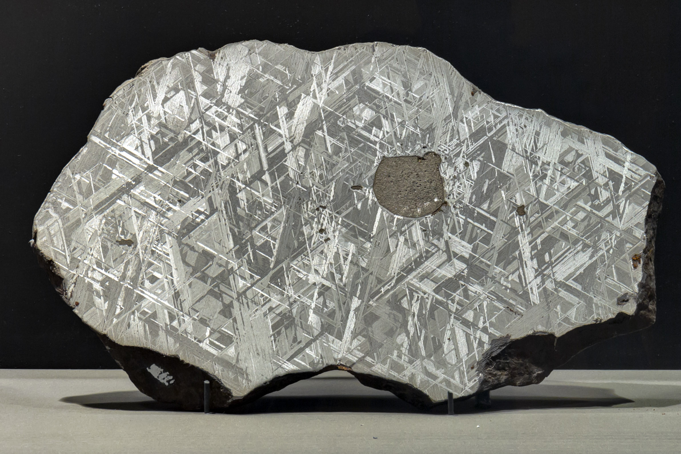 Chemically-etched cross section of an iron-nickel meteorite.