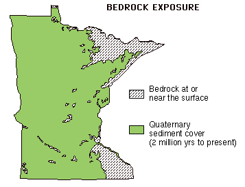 Generalized map of glacial cover and bedrock exposure in Minnesota.